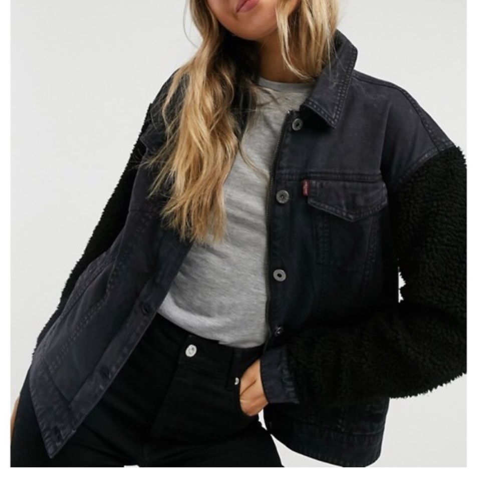 Levis Womens Sherpa Lined Trucker Jacket Black Denim